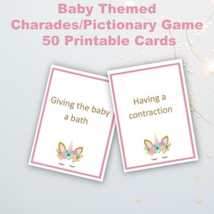 Unicorn baby shower, charades game, pictionary cards, pink baby shower game, girl baby shower