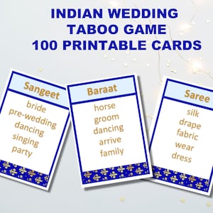 Indian bridal shower game, Bollywood Wedding taboo game, Bachelorette party game, Printable