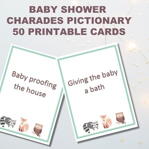 Woodland animal baby shower, charades game, pictionary cards, printable, instant download