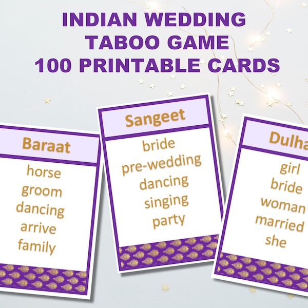 Indian bridal shower game, Bollywood Wedding taboo game, Bachelorette party game, Printable