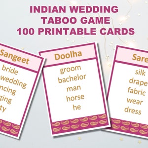 Indian bridal shower game, Bollywood Wedding taboo game, Bachelorette party game, Printable