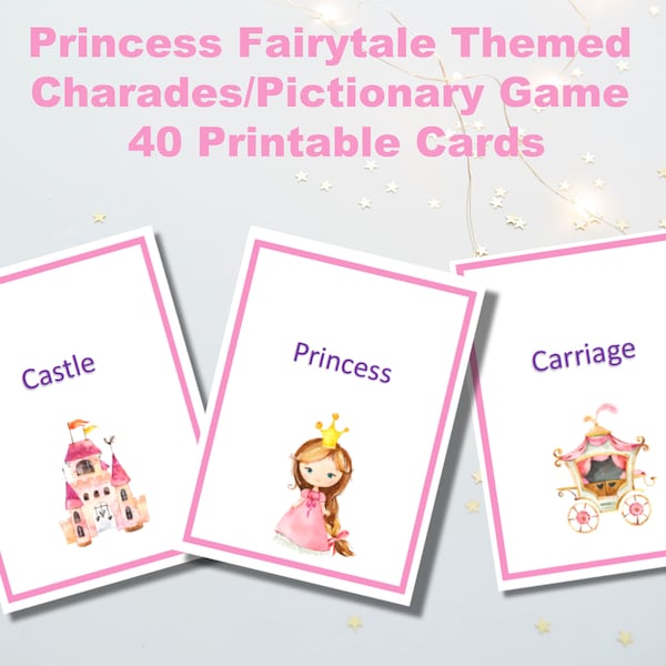Princess birthday party game, fairytale charades game, girl fashion cards, what am I game, Printable, INSTANT Digital Download