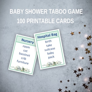 Greenery Baby Shower Taboo Game, baby themed taboo cards, printable baby shower taboo game