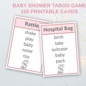 May include: Two pink and white printable baby shower taboo game cards. The first card says "Rattle" and has the words "shake", "play", "baby", "noise", and "toy" listed below. The second card says "Hospital Bag" and has the words "birth", "take", "suitcase", "baby", and "pack" listed below. Both cards feature a cartoon mouse.