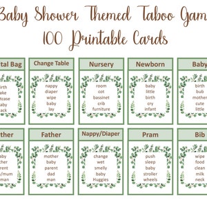 Eucalyptus baby shower taboo game, greenery, Instant Digital Download