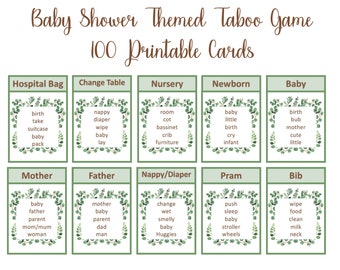 Eucalyptus baby shower taboo game, greenery, Instant Digital Download