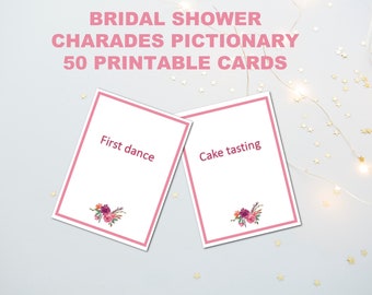 Bruidsdouche charades pictionary game-50 kaarten, Blush bloemen, afdrukbaar, INSTANT Digitale Download