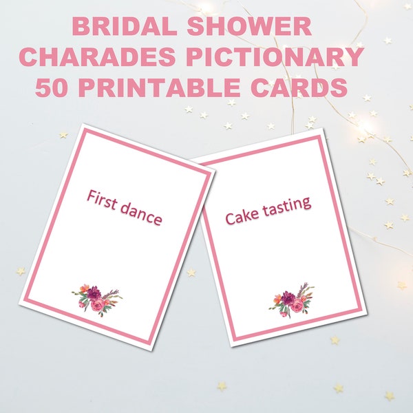 Bridal shower charades pictionary game- 50 cards, Blush floral, Printable, INSTANT Digital Download