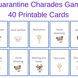 Op de afbeelding: Een set van 40 printbare kaarten voor een quarantaine-charadespel. De kaarten bevatten verschillende quarantaine-gerelateerde woorden en zinnen, zoals "toiletpapier", "handdesinfectie", "quarantaine", "sociale afstand", "isolatie", "binnen blijven", "thuis onderwijs", "handen wassen", "gezichtsmasker" en "desinfectiespray". Elke kaart heeft een schattig dier dat een gezichtsmasker draagt.