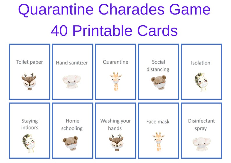 Op de afbeelding: Een set van 40 printbare kaarten voor een quarantaine-charadespel. De kaarten bevatten verschillende quarantaine-gerelateerde woorden en zinnen, zoals "toiletpapier", "handdesinfectie", "quarantaine", "sociale afstand", "isolatie", "binnen blijven", "thuis onderwijs", "handen wassen", "gezichtsmasker" en "desinfectiespray". Elke kaart heeft een schattig dier dat een gezichtsmasker draagt.