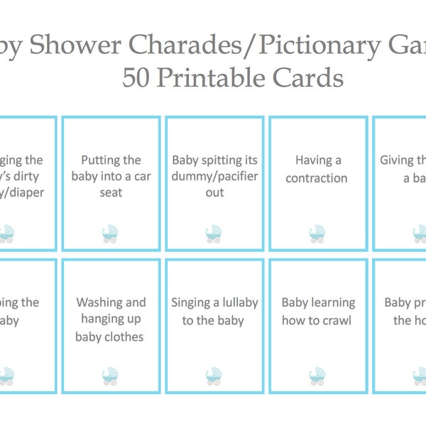 Baby shower charades pictionary game- 50 different cards, blue and gray- baby boy- Printable, INSTANT Digital Download