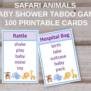 Safari Baby Shower, Taboo game cards, purple shower, printable, instant download