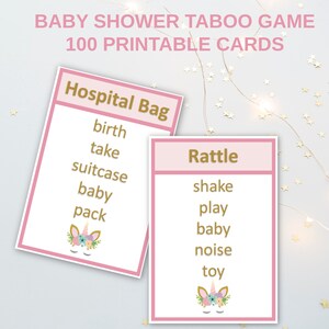 Unicorn Baby Shower, taboo game, pink and gold, baby girl, instant download, printable