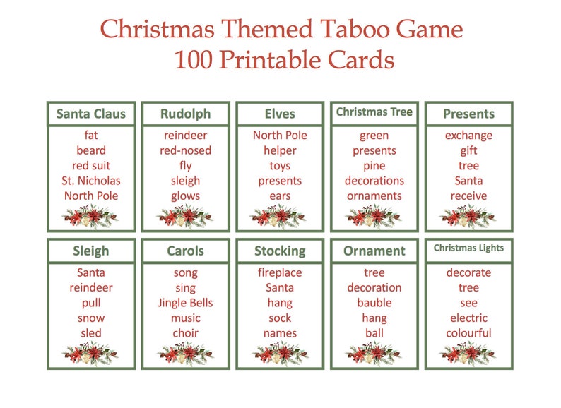 Christmas party game Instant Digital Download Christmas Taboo Game Christmas Printable game 100 printable cards