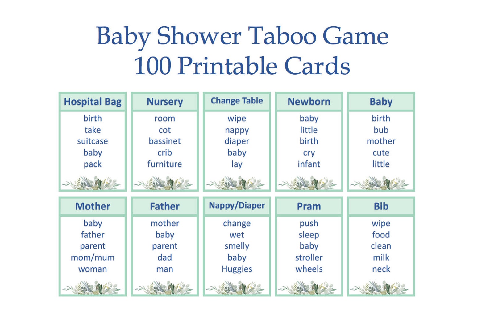 Greenery Baby Shower Taboo Game, Baby Themed Taboo Cards, Printable