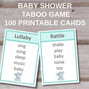 Elephant Baby Shower taboo game, neutral baby shower games, mint green baby shower, printable baby taboo cards