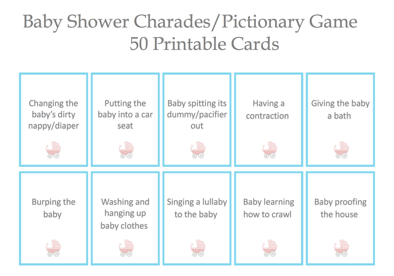 Baby Shower Charades Pictionary Game, Gender Neutral, Printable