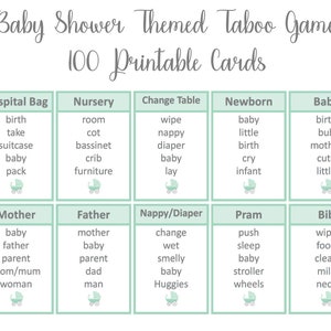 Baby Shower Taboo Game, mint green baby shower game, Instant Digital Download, printable