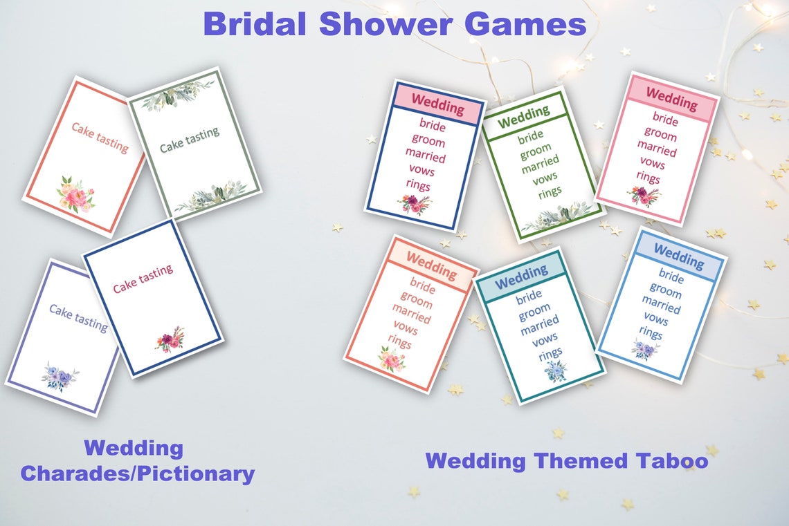 Bridal Shower Charades Pictionary Game 50 Cards, Purple Floral
