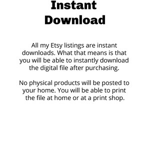 Op de afbeelding: Tekst op een witte achtergrond die "Direct Downloaden" luidt. Al mijn Etsy-vermeldingen zijn directe downloads. Dit betekent dat je het digitale bestand direct na aankoop kunt downloaden. Er worden geen fysieke producten naar je huis verzonden. Je kunt het bestand thuis of bij een printshop afdrukken.