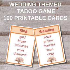 May include: Two printable wedding themed taboo game cards. The card on the left says "Ring" and lists the words "gold", "finger", "exchange", "vows", and "diamond". The card on the right says "Wedding" and lists the words "bride", "groom", "married", "vows", and "rings".