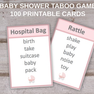 May include: Two pink and gray printable baby shower taboo game cards. The first card says "Hospital Bag" and lists the words "birth", "take", "suitcase", "baby", and "pack". The second card says "Rattle" and lists the words "shake", "play", "baby", "noise", and "toy". Both cards have a pink baby carriage icon.