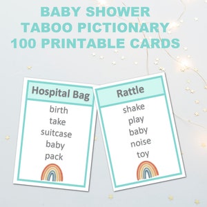 Rainbow Baby Shower taboo game, neutral baby shower games, aqua blue baby shower, printable baby taboo cards