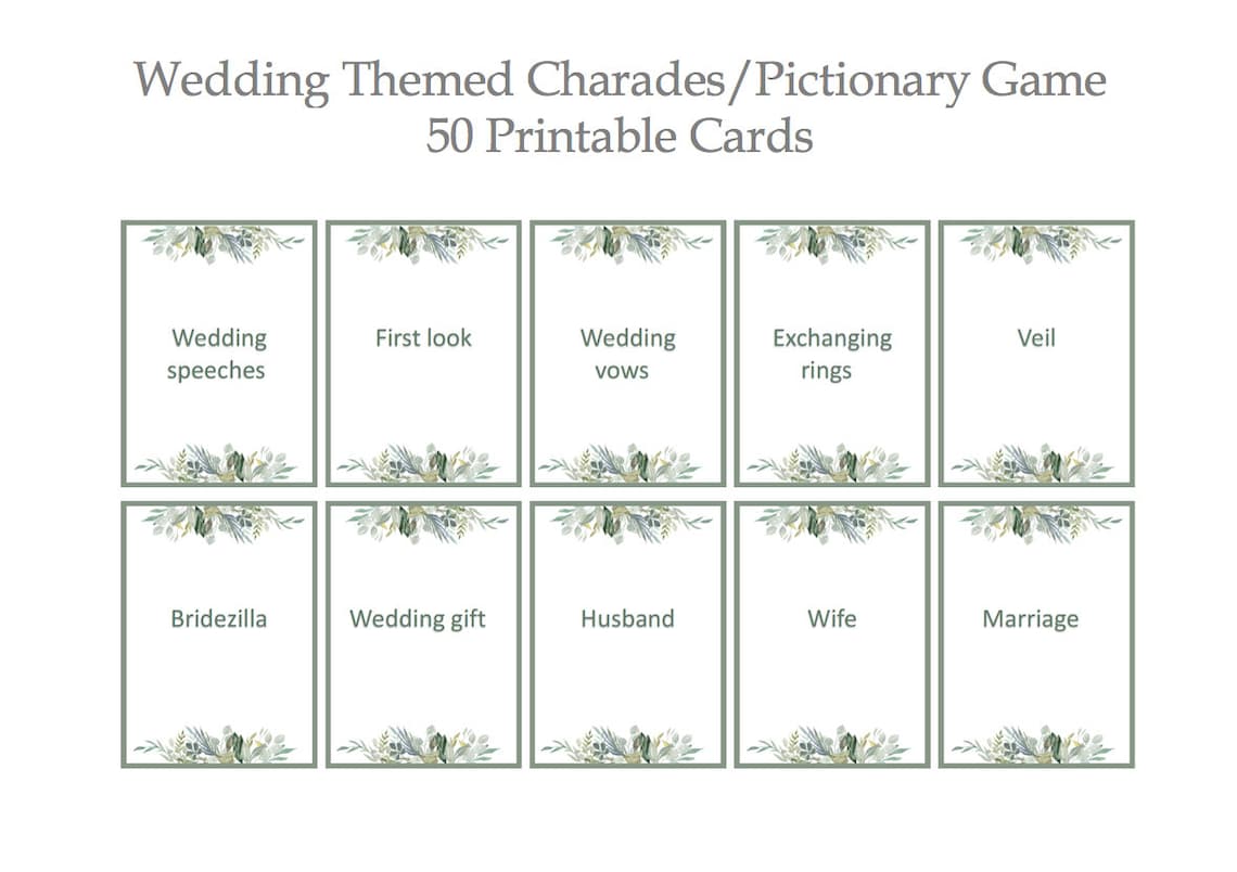 Bridal Shower Charades Pictionary Game, Boho Wedding, Greenery Game