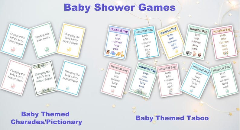 Op de afbeelding: Een set baby shower-spelkaarten in blauw, roze en groen. De kaarten bevatten verschillende babygerelateerde thema's, waaronder het verschonen van een luier, het voeren van vast voedsel en een ziekenhuistas. De tekst op de kaarten bevat zinnen als "Het verschonen van de luier van de baby" en "Ziekenhuistas".