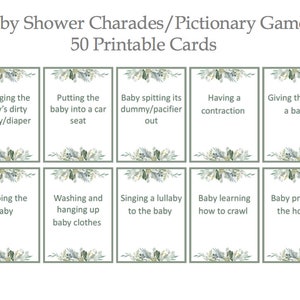 Baby shower charades pictionary game, greenery baby shower game, printable charades game