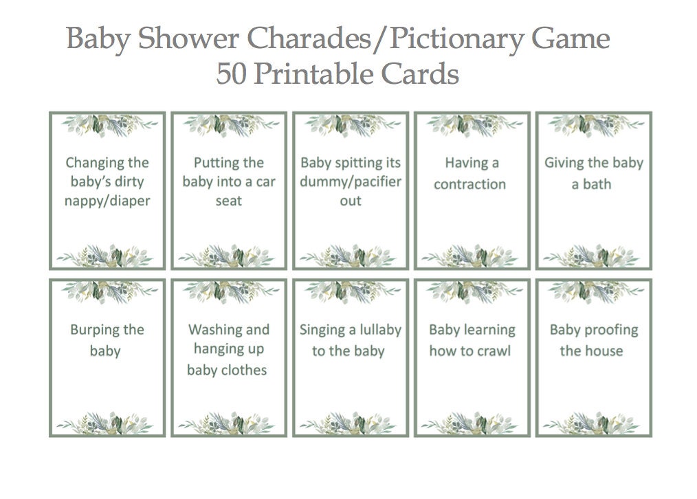 Baby Shower Charades Pictionary Game, Greenery Baby Shower Game
