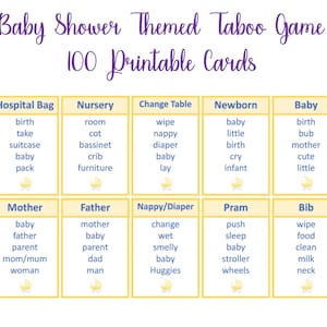 Yellow Baby Shower game, Taboo cards , Unspeakable Game, neutral baby shower games, printable