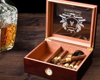 Personalized Cigar Humidor Box, Engraved Glass Top Cigar Box with Humidifier, Custom Monogram Gift for Him, Cigar Lovers & Dads Gift