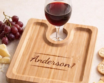 Personalized Bamboo Wine Platter, Engraved Wine & Cheese Board with Glass Holder, Bridal Shower Gift