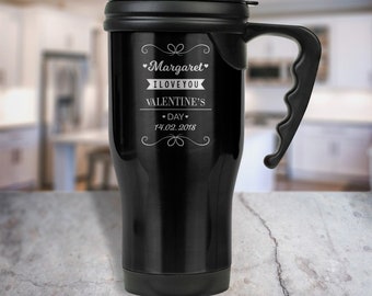 Personalized Valentines Day Travel Mug, Stainless Steel Travel Coffee Cup, Customized Valentine Gift, Valentines Monogrammed Mug with Handle