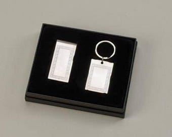 Personalized Key Money Clip & Keychain Set, Customized Greek Rectangular Custom Keychain and Money Clip, Engraved Keychain and Money Clip