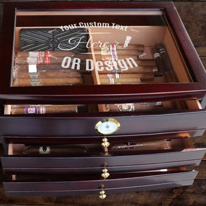 Personalized Cigar Humidor Box, Customized Cigar Humidor Box with Drawer, Engraved Glass Top Wooden Cigar Cabinet, Custom Father&#39;s Gift