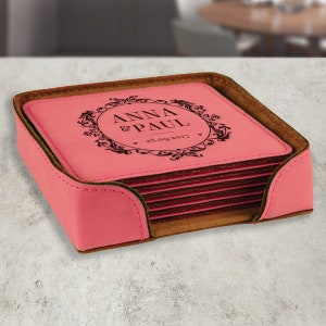 Personalized Wedding Leather Coaster Set of 6 - Unique Coaster for Table Decor - Custom Pink Coaster for Couple - Wedding Day Gift Ideas