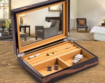 Personalized Wooden Jewelry Box: Engraved Burl Wood Valet Organizer