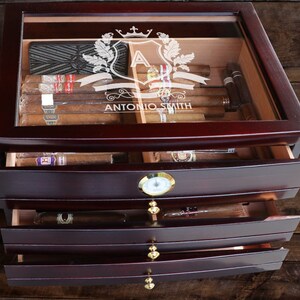 Personalized Cigar Box, Customized Cigar Humidor Box with Drawers and Glass Top, Engraved Wooden Cigar Humidor W/ Hygrometer, Unique Gift