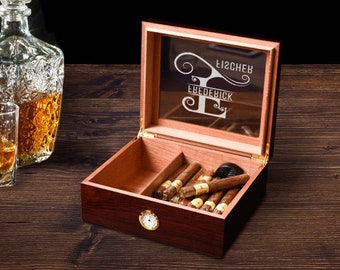Personalized Cigar Box with Hygrometer – Customized Cherry Glass Top Humidor, Engraved Wooden Cigar Case, Unique Custom Gift for Cigar Lover