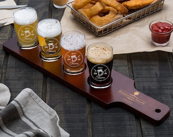 Personalized Flight Set, Wooden Paddle Board and Stemless Wine Glass, beer tasting board, beer flight set, monogram glass, beer glass