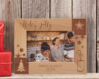 Personalized Christmas Photo Frame, Custom Holly Jolly Picture Frame, Wooden Picture Frame, Engraved Photo Frame, Gift Ideas For Xmas