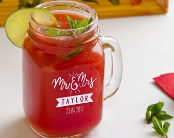 Personalized Mason Jars with Handle, Custom Wedding Gifts, Monogram Drinking Mug Gifts for Bride and Groom, Customized Gifts for Couple