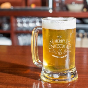 Christmas Personalized Beer Mug with Stem, Customized Beer Glass Christmas Gift for Him, Monogrammed Etched Beer Glass Christmas Present