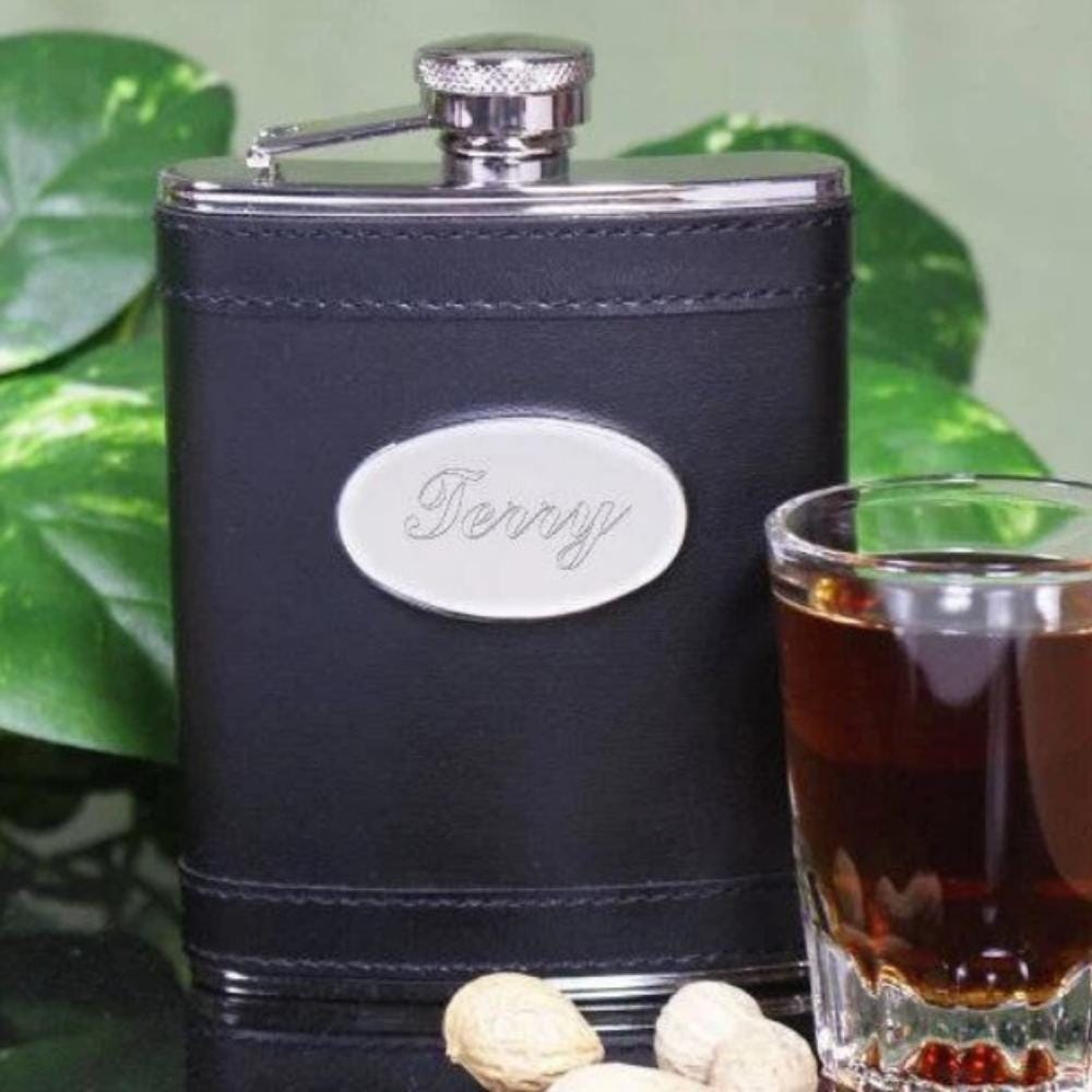 Personalized Black Stainless Steel Flask, Engraved Mens Flask, Custom Groomsmen Gift, 6oz Leatherette Flask, Birthday or Christmas Present