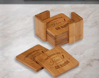 May include: Set of six bamboo coasters with a holder. Each coaster features a laser-engraved design with the text "Your Custom Text Here OR Name".
