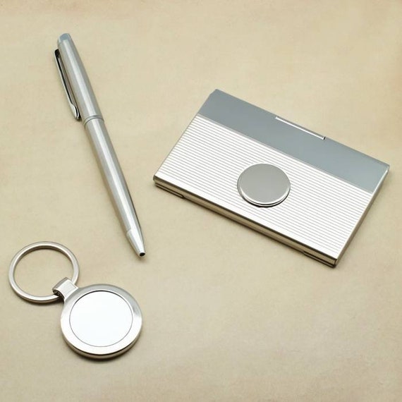 Personalized Key Chain Card Holder Gift Set Silver Card Etsy