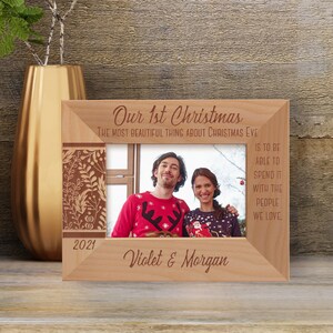 Custom Lovers Photo Frame, Personalized First Christmas Photo Frame, Wooden Frame, Engraved Christmas Eve Photo Frame, Gift For Him And Her