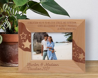 Personalized Vacation Photo Frame, Custom Photo Frame, Wooden Photo Frame, Gift For Couple, Engraved Photo Frame, Summer Vacation Gift Idea